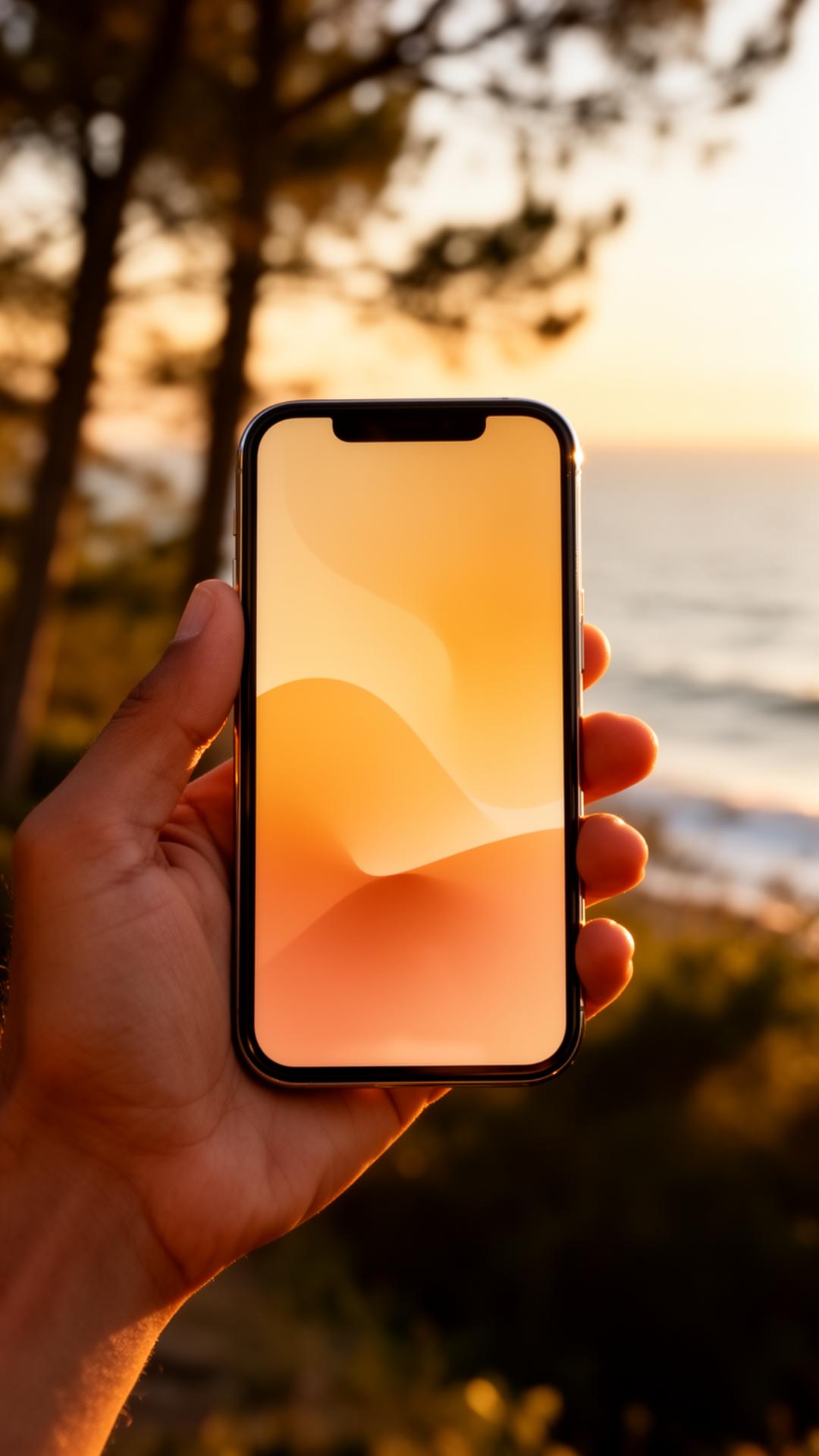 A hand holds a smartphone in golden afternoon light, with the sea blurred in the background.